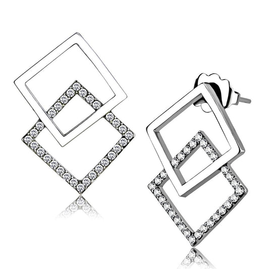 Alamode High polished (no plating) Stainless Steel Earrings with AAA Grade CZ in Clear