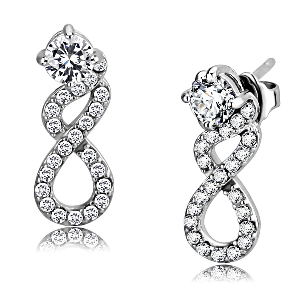 Alamode High polished (no plating) Stainless Steel Earrings with AAA Grade CZ in Clear