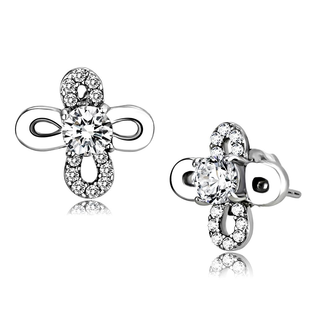 Alamode High polished (no plating) Stainless Steel Earrings with AAA Grade CZ in Clear