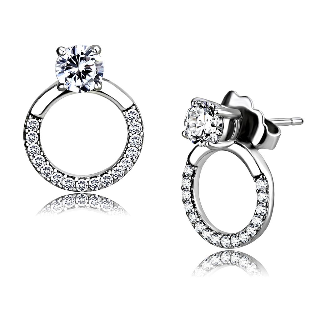 Alamode High polished (no plating) Stainless Steel Earrings with AAA Grade CZ in Clear