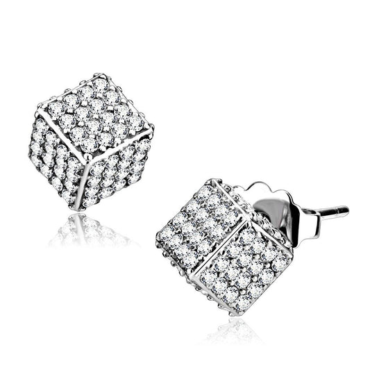 Alamode High polished (no plating) Stainless Steel Earrings with AAA Grade CZ in Clear