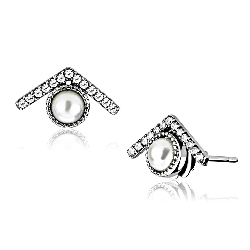 Alamode High polished (no plating) Stainless Steel Earrings with Synthetic Pearl in White