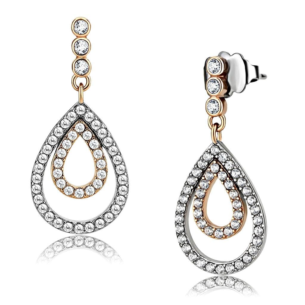 Alamode Two-Tone IP Rose Gold Stainless Steel Earrings with AAA Grade CZ in Clear - Alamode