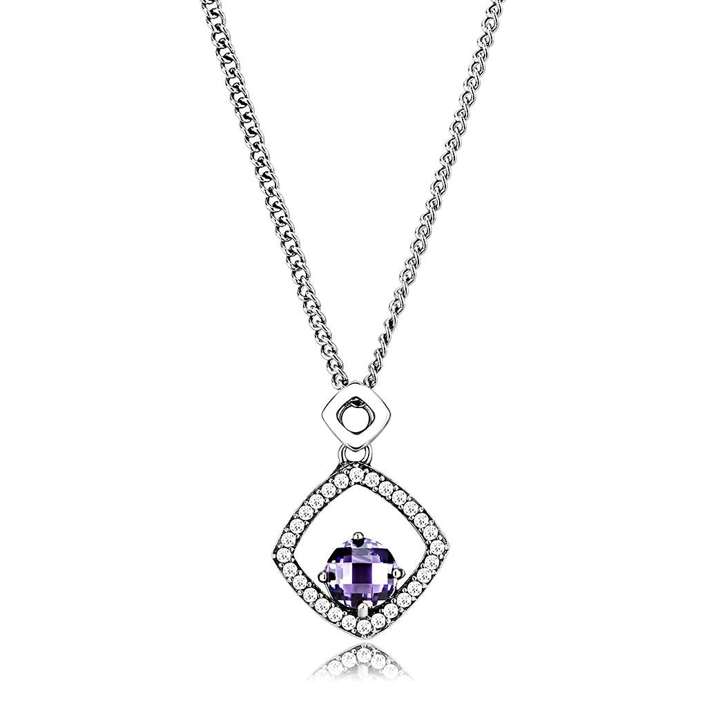 Alamode High polished (no plating) Stainless Steel Chain Pendant with AAA Grade CZ in Amethyst