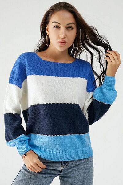 Color Block Dropped Shoulder Sweater - Trendsi