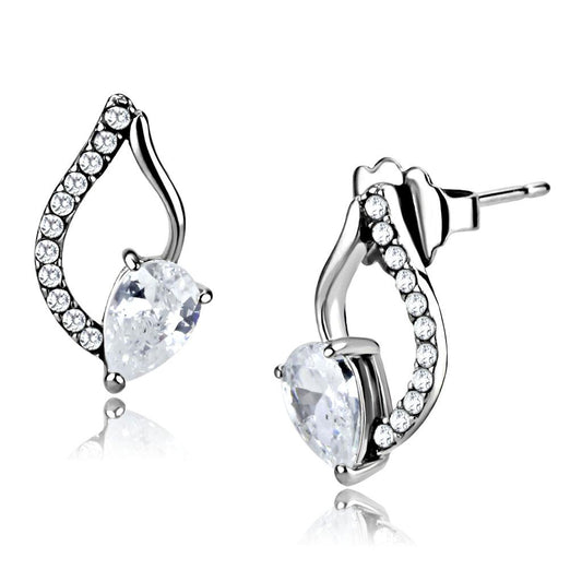 Alamode High polished (no plating) Stainless Steel Earrings with AAA Grade CZ in Clear