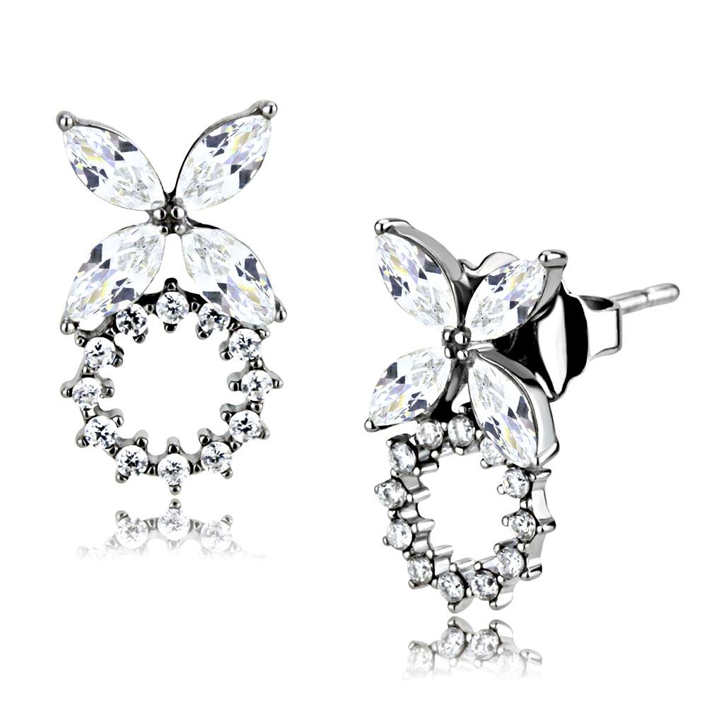 Alamode High polished (no plating) Stainless Steel Earrings with AAA Grade CZ in Clear