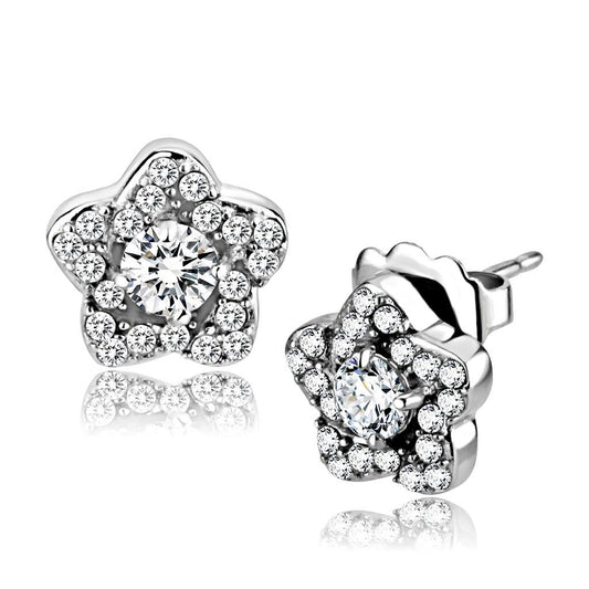 Alamode High polished (no plating) Stainless Steel Earrings with AAA Grade CZ in Clear