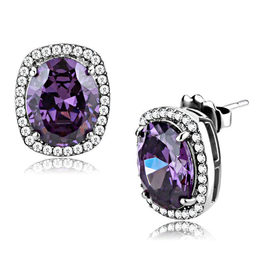 Alamode High polished (no plating) Stainless Steel Earrings with AAA Grade CZ in Amethyst