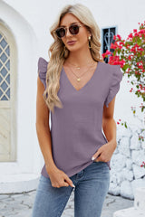 Ruffled V-Neck Cap Sleeve Blouse - Flyclothing LLC