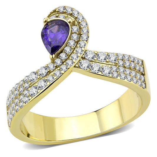 Alamode IP Gold(Ion Plating) Stainless Steel Ring with AAA Grade CZ in Tanzanite