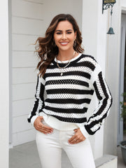 Striped Openwork Round Neck Sweater