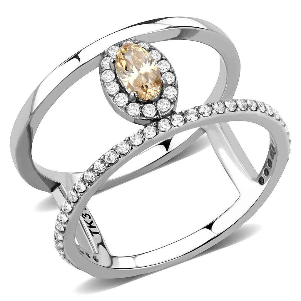 Alamode High polished (no plating) Stainless Steel Ring with AAA Grade CZ in Champagne