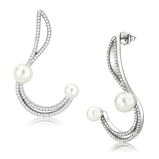 Alamode High polished (no plating) Stainless Steel Earrings with Synthetic Pearl in White