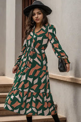 Printed Tied Pocketed Lantern Sleeve Dress - Flyclothing LLC