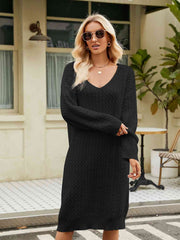 V-Neck Long Sleeve Sweater Dress - Flyclothing LLC