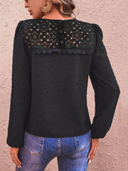 Swiss Dot Lace Trim Long Sleeve Blouse - Flyclothing LLC