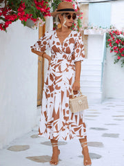 Printed Surplice Balloon Sleeve Dress - Flyclothing LLC