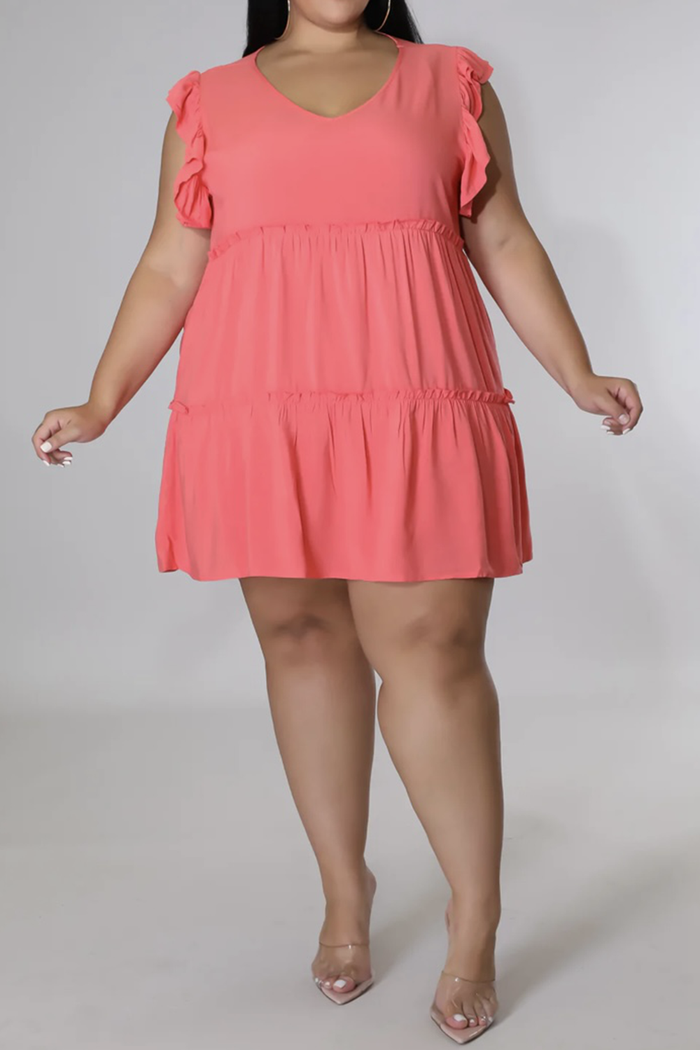 Plus Size V-Neck Frill Trim Mini Dress - Flyclothing LLC