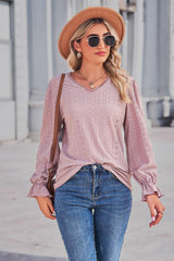 Lace Trim V-Neck Flounce Sleeve Top - Trendsi