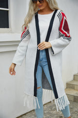 Geometric Fringe Hem Open Front Duster Cardigan - Flyclothing LLC