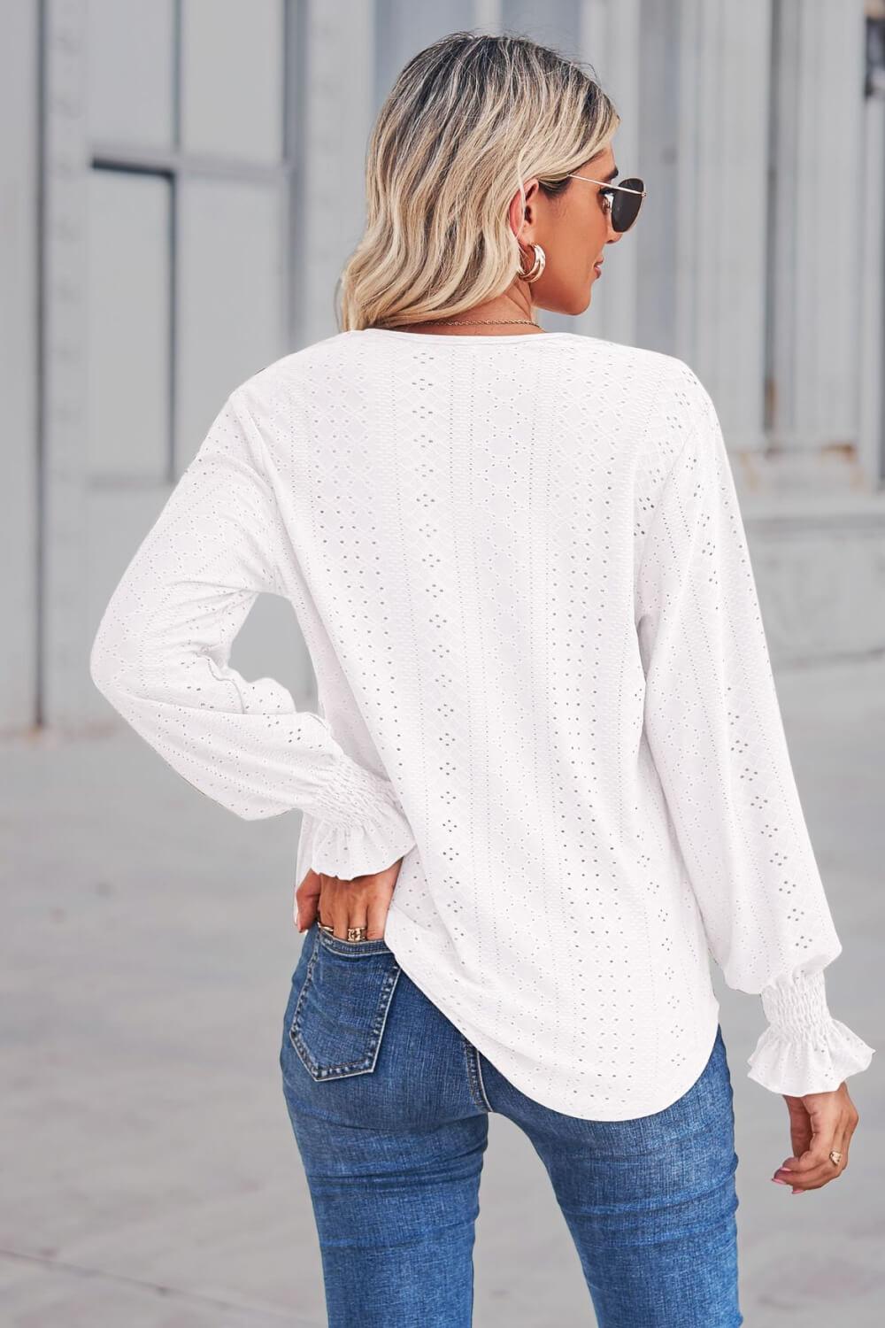 Contrast V-Neck Flounce Sleeve Top - Trendsi