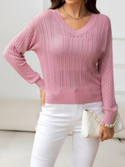 V-Neck Long Sleeve Eyelet Knit Top - Flyclothing LLC