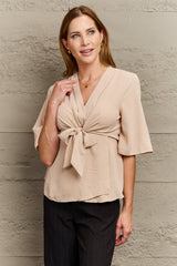 V-Neck Tie Front Half Sleeve Blouse - Flyclothing LLC