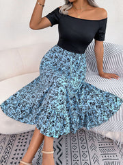 Printed Off-Shoulder Ruffle Hem Dress - Flyclothing LLC