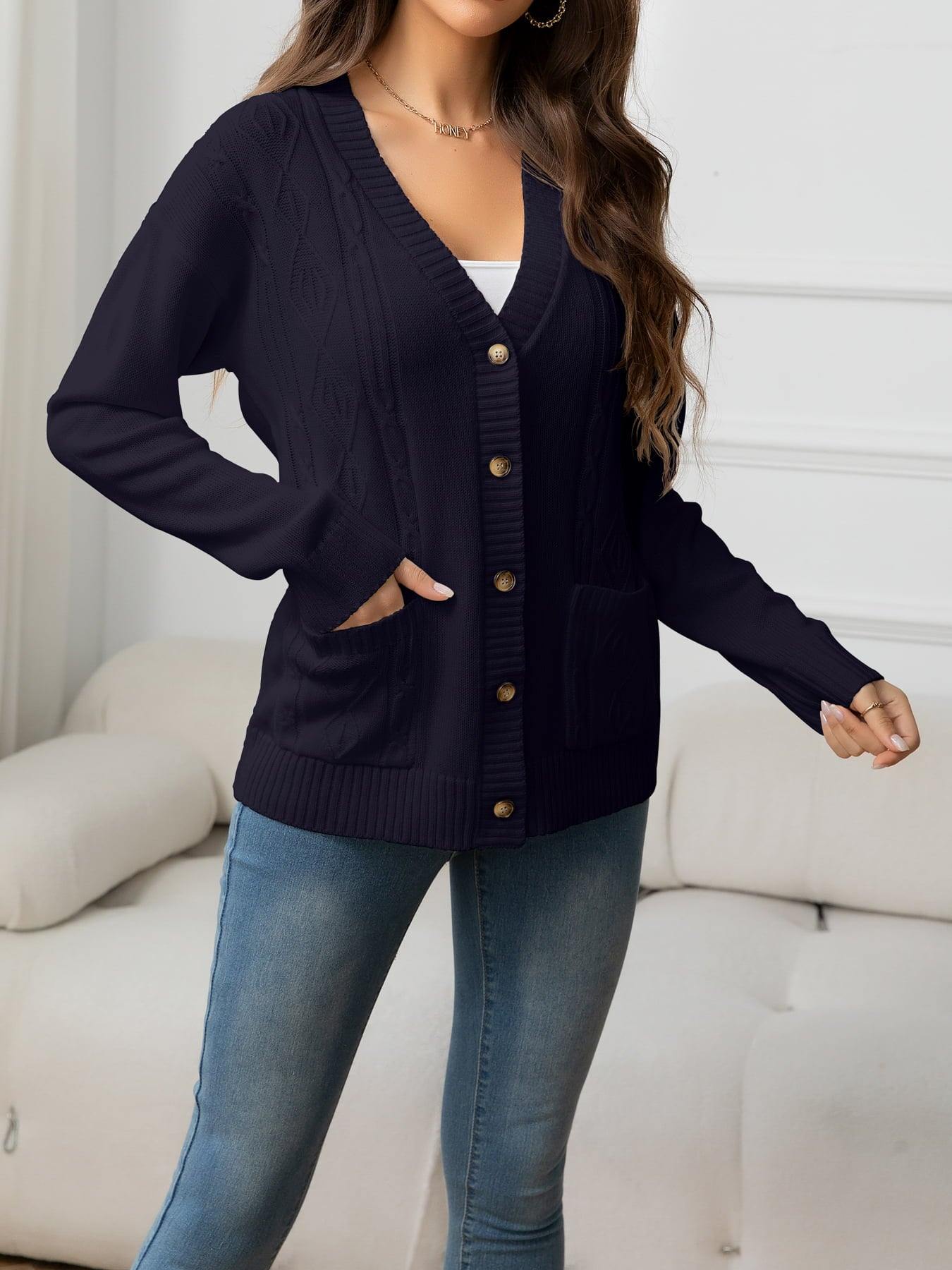 V-Neck Long Sleeve Buttoned Knit Top with Pocket - Flyclothing LLC