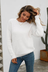 Dropped Shoulder Round Neck Fuzzy Sweater - Flyclothing LLC