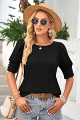 Round Neck Lantern Sleeve Blouse - Flyclothing LLC