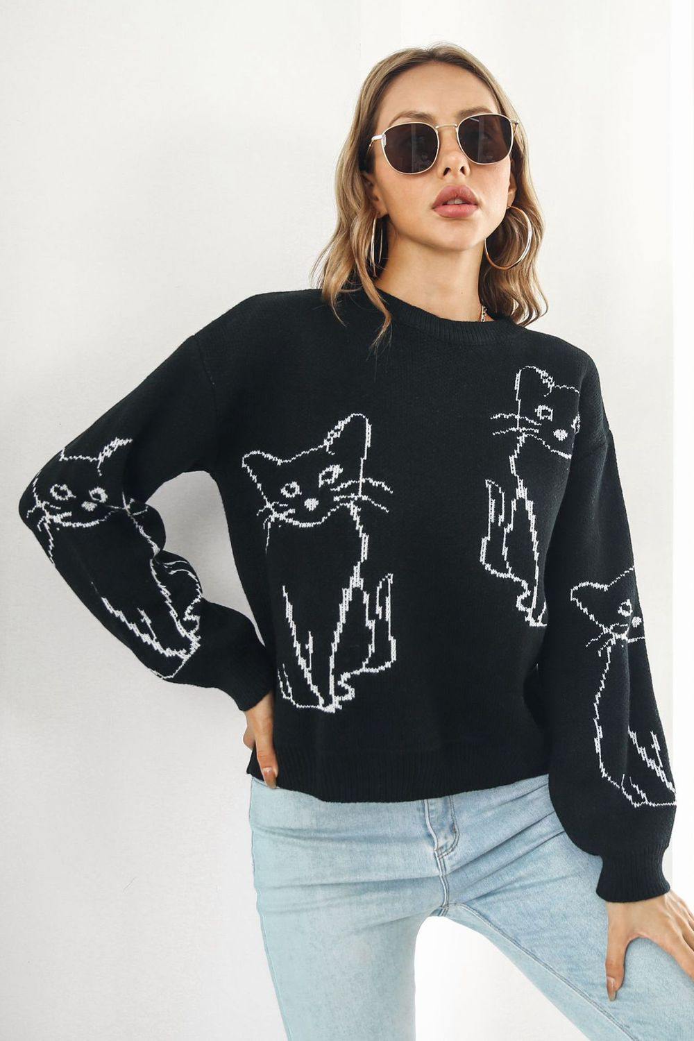 Cat Pattern Round Neck Long Sleeve Pullover Sweater - Flyclothing LLC