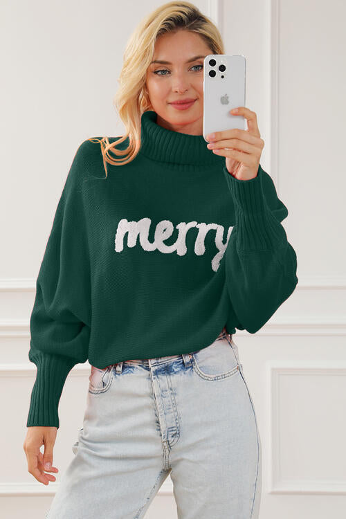 Merry Letter Embroidered High Neck Sweater - Flyclothing LLC