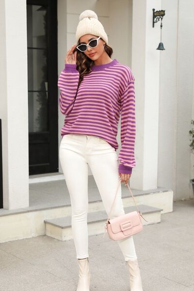 Striped Round Neck Dropped Shoulder Sweater - Flyclothing LLC