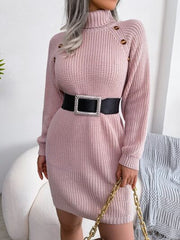 Decorative Button Turtleneck Sweater Dress - Flyclothing LLC