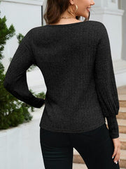 Ribbed Round Neck Lantern Sleeve Knit Top - Flyclothing LLC