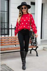 Polka Dot Round Neck Dropped Shoulder Sweater - Flyclothing LLC