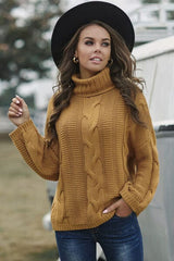 Cable-Knit Turtleneck Dropped Shoulder Sweater - Trendsi