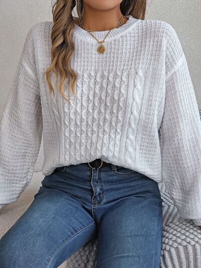 Cable-Knit Round Neck Long Sleeve Sweater - Flyclothing LLC