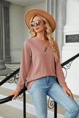 Decorative Button V-Neck Long Sleeve T-Shirt - Flyclothing LLC