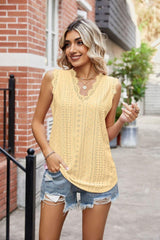 Eyelet Lace Trim Eyelash V-Neck Tank - Flyclothing LLC