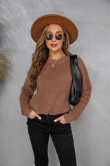 Dropped Shoulder Round Neck Fuzzy Sweater - Flyclothing LLC