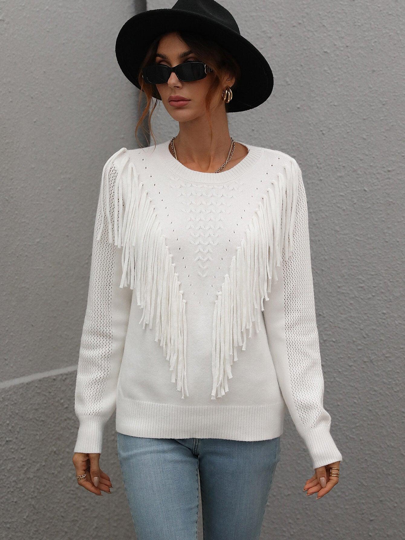 Fringe Detail Ribbed Trim Sweater - Flyclothing LLC