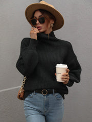 High Neck Balloon Sleeve Rib-Knit Pullover Sweater - Flyclothing LLC