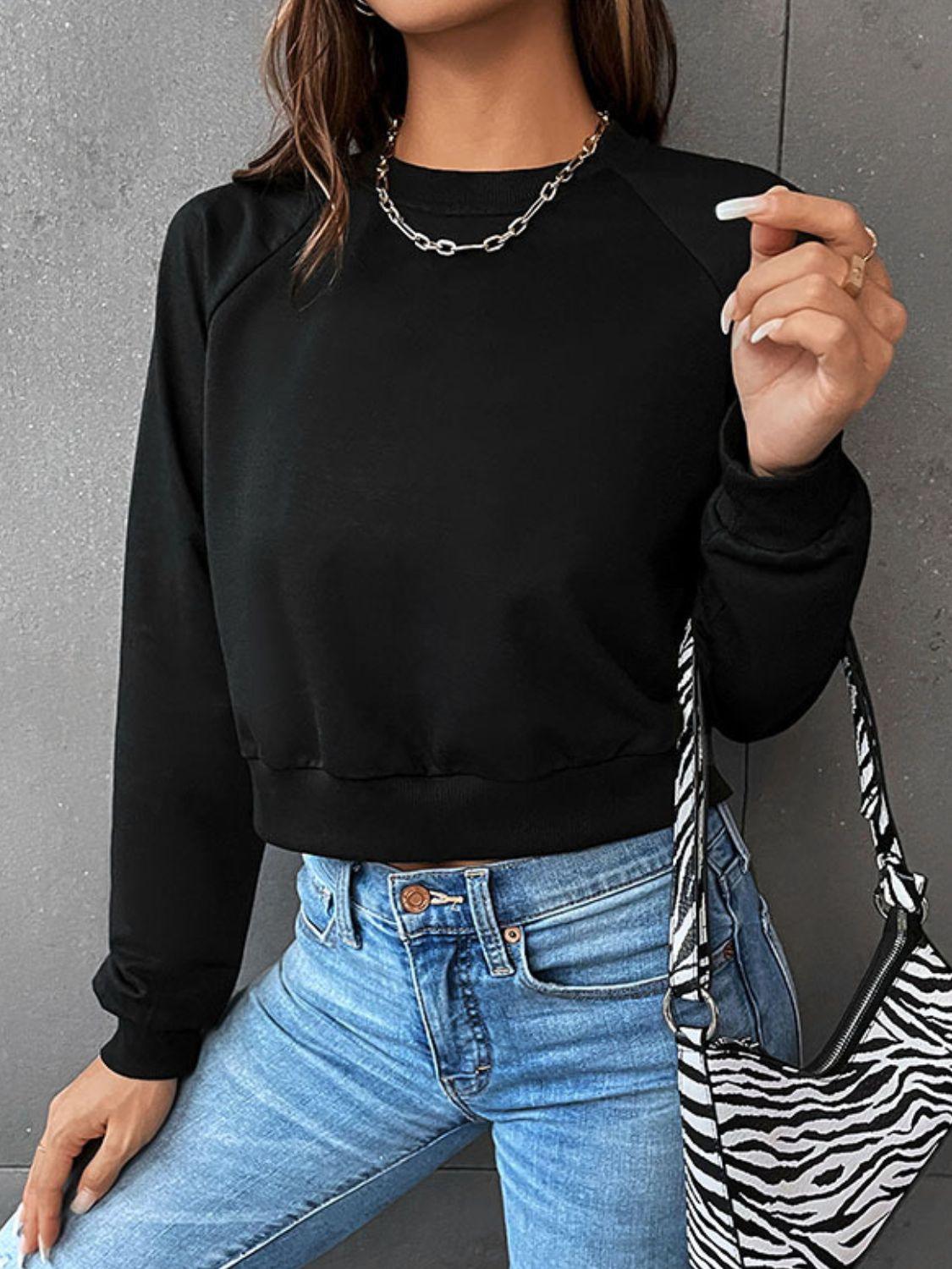 Raglan Sleeve Round Neck Cropped Sweatshirt - Flyclothing LLC