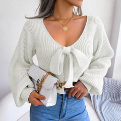 Tie-Front Rib-Knit Cropped Sweater - Flyclothing LLC