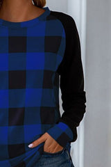 Plaid Round Neck Long Sleeve T-Shirt - Flyclothing LLC