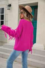 Fringe Round Neck Dropped Shoulder Sweater - Flyclothing LLC