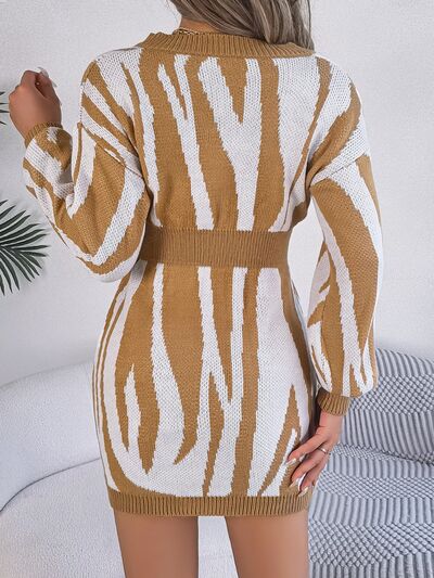 Animal Print V-Neck Long Sleeve Sweater Dress - Flyclothing LLC